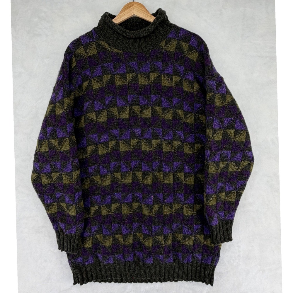 Vintage REI Geometric Wool Blend Roll Neck Sweater Medium Purple Green USA